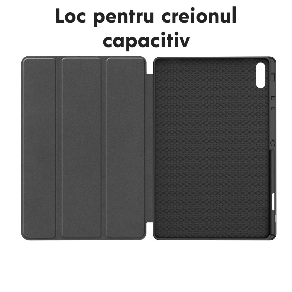 Husa de protectie pentru Samsung Galaxy Tab S11 Ultra / Tab S12 Ultra DaDen Flex Trifold, Mod stativ, Unghi pana la 65°, Piele ecologica, Loc pentru creion, Verde matcha