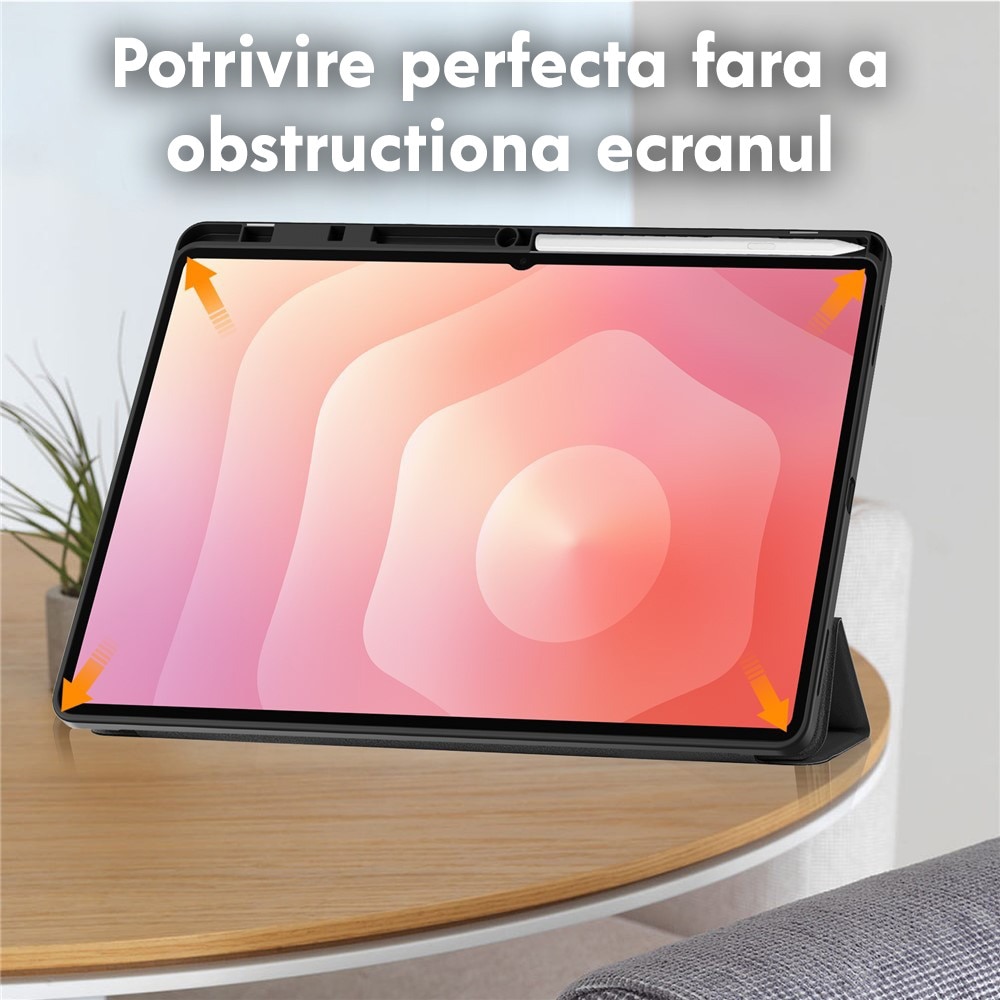 Husa de protectie pentru Samsung Galaxy Tab S11 Ultra / Tab S12 Ultra DaDen Flex Trifold, Mod stativ, Unghi pana la 65°, Piele ecologica, Loc pentru creion, Verde matcha