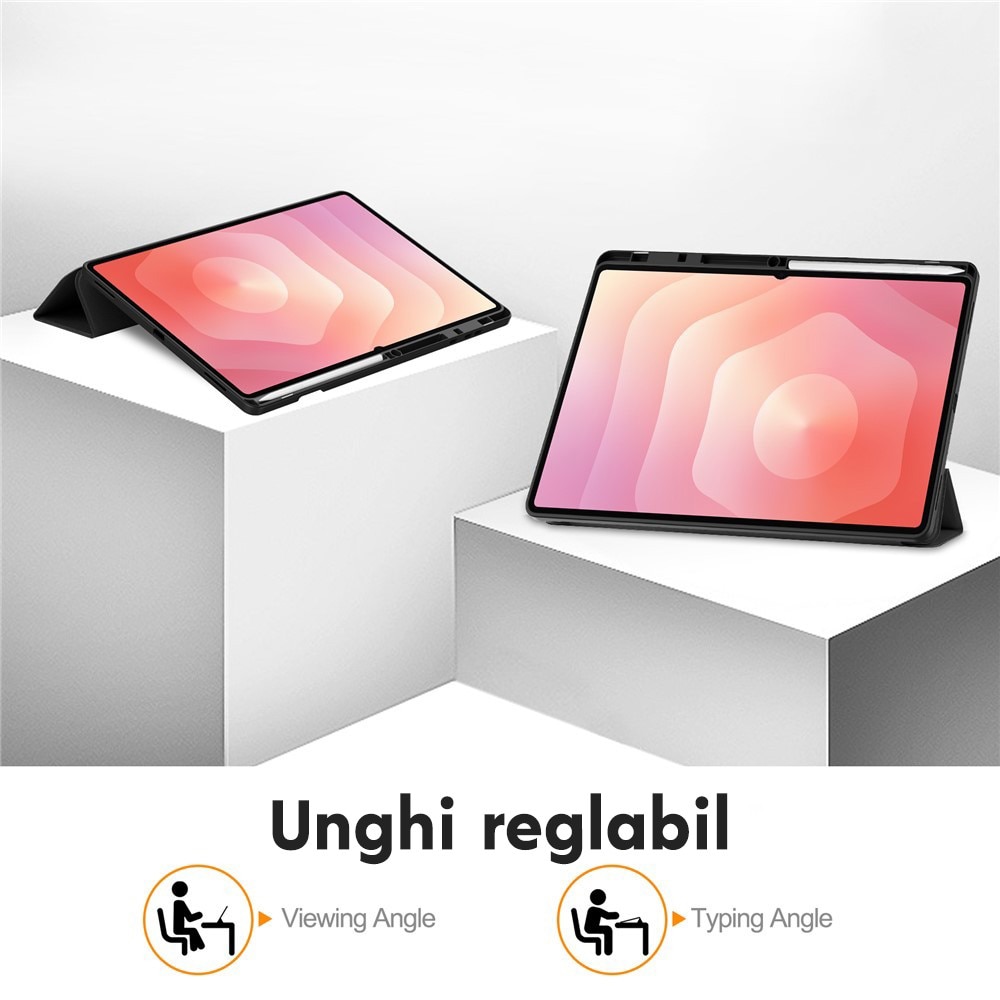 Husa de protectie pentru Samsung Galaxy Tab S11 Ultra / Tab S12 Ultra DaDen Flex Trifold, Mod stativ, Unghi pana la 65°, Piele ecologica, Loc pentru creion, Verde matcha