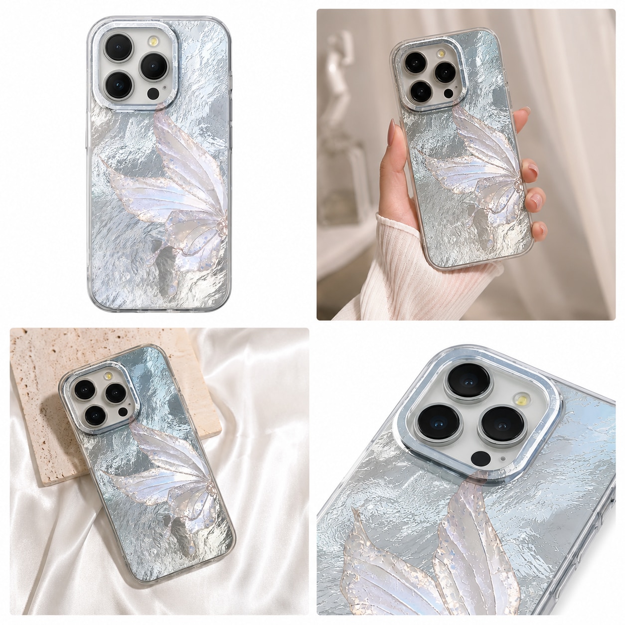 Husa compatibila cu iPhone 15 Plus, Husa Premium de Lux cu Fluture pentru, Design 3D cu Efect Lateral Perlat, Rezistenta la Socuri si Protectie pentru Camera, Cadou:1 Folie Ceramica + 3 Protectii pentru Lentile