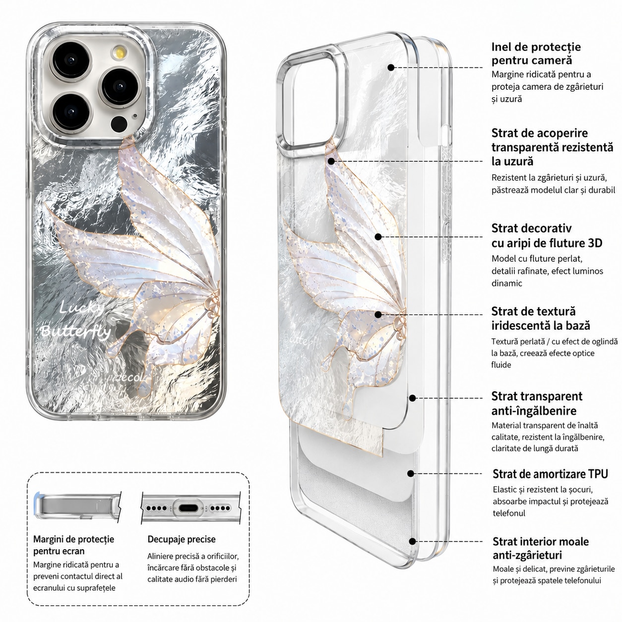 Husa compatibila cu iPhone 15 Plus, Husa Premium de Lux cu Fluture pentru, Design 3D cu Efect Lateral Perlat, Rezistenta la Socuri si Protectie pentru Camera, Cadou:1 Folie Ceramica + 3 Protectii pentru Lentile