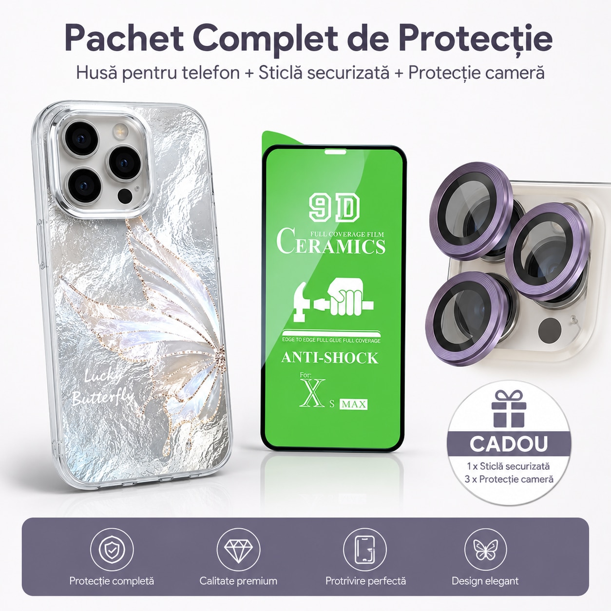 Husa compatibila cu iPhone 15 Plus, Husa Premium de Lux cu Fluture pentru, Design 3D cu Efect Lateral Perlat, Rezistenta la Socuri si Protectie pentru Camera, Cadou:1 Folie Ceramica + 3 Protectii pentru Lentile