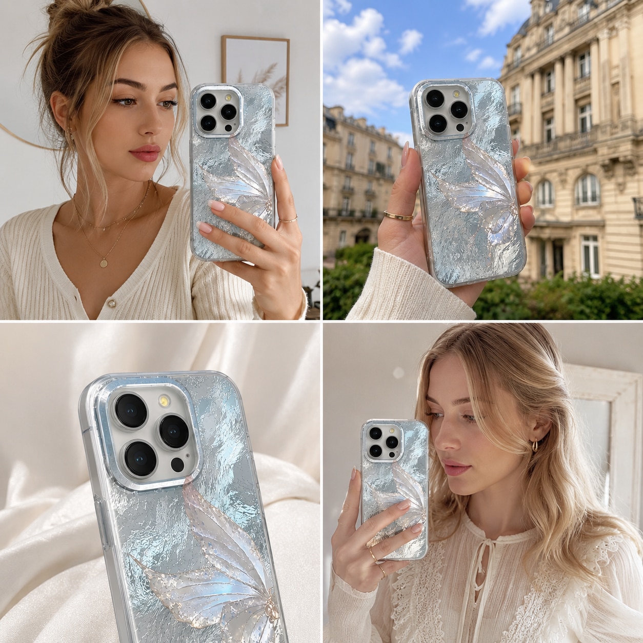 Husa compatibila cu iPhone 15 Plus, Husa Premium de Lux cu Fluture pentru, Design 3D cu Efect Lateral Perlat, Rezistenta la Socuri si Protectie pentru Camera, Cadou:1 Folie Ceramica + 3 Protectii pentru Lentile