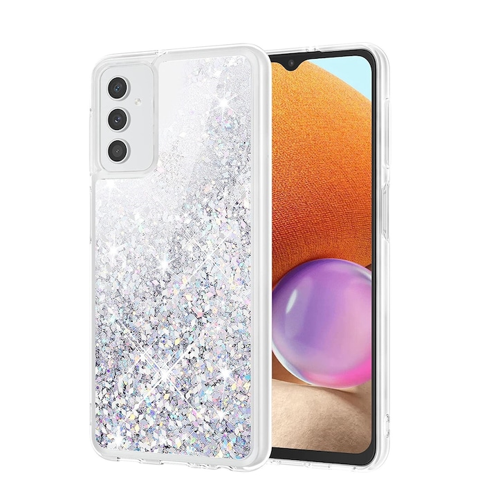 Husa compatibila cu Samsung Galaxy A55, cu Apa si Sclipici, Glitter, Fashion, protectie camera, Argintie gri, PlanetPhone