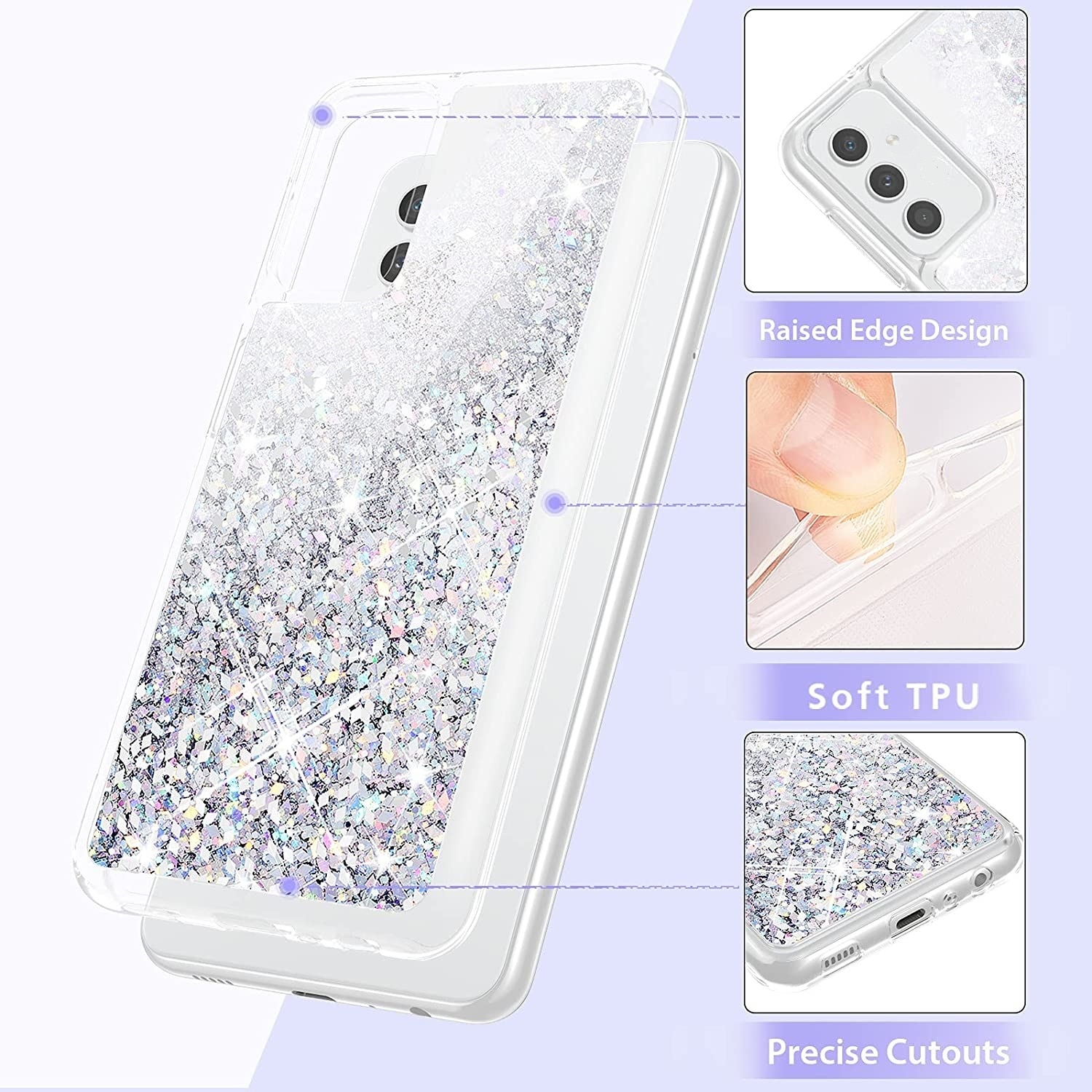 Husa compatibila cu Samsung Galaxy A55, cu Apa si Sclipici, Glitter, Fashion, protectie camera, Argintie gri, PlanetPhone