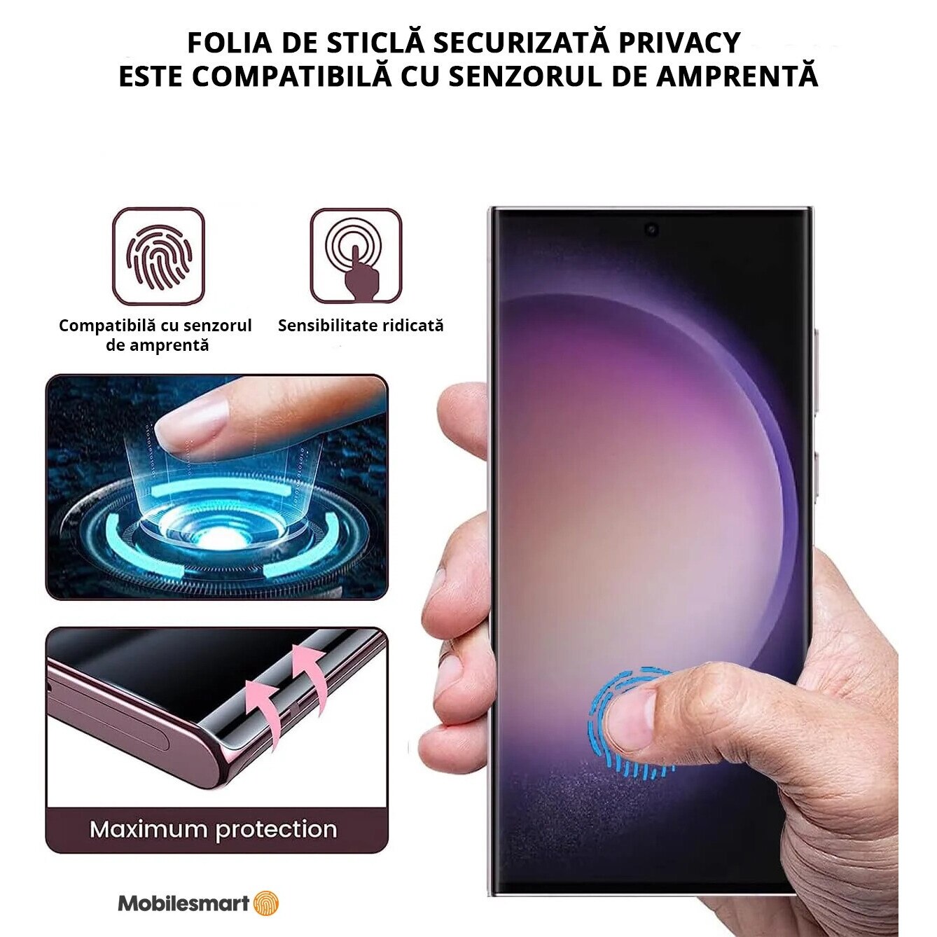Folie sticla Mobilesmart pentru Samsung Galaxy S23 ULTRA, Privacy, Compatibila cu senzorul de amprenta, Anti Soc, Full Glue