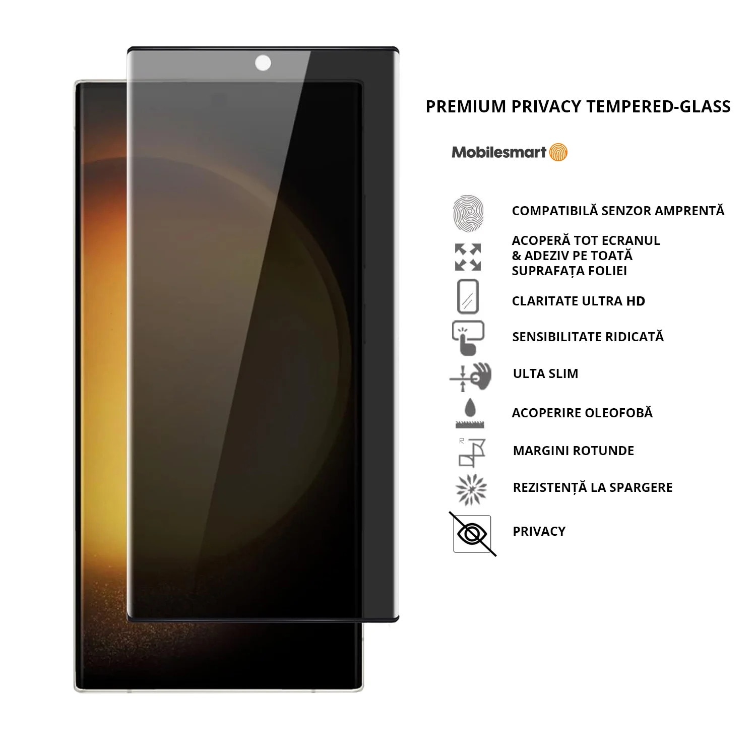 Folie sticla Mobilesmart pentru Samsung Galaxy S23 ULTRA, Privacy, Compatibila cu senzorul de amprenta, Anti Soc, Full Glue