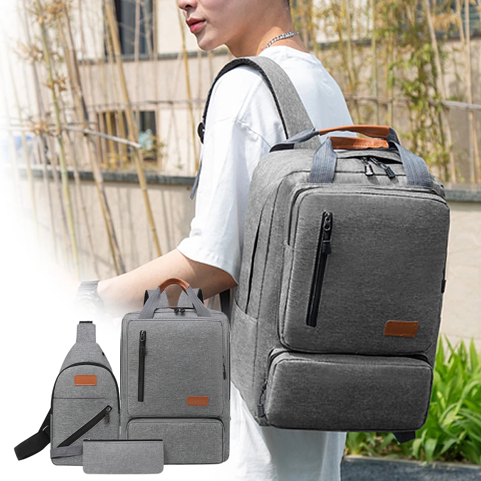 Rucsac laptop set 3 piese, 17 inch, gri, 45x32x16cm, 30x18x6cm, 18x12x2cm