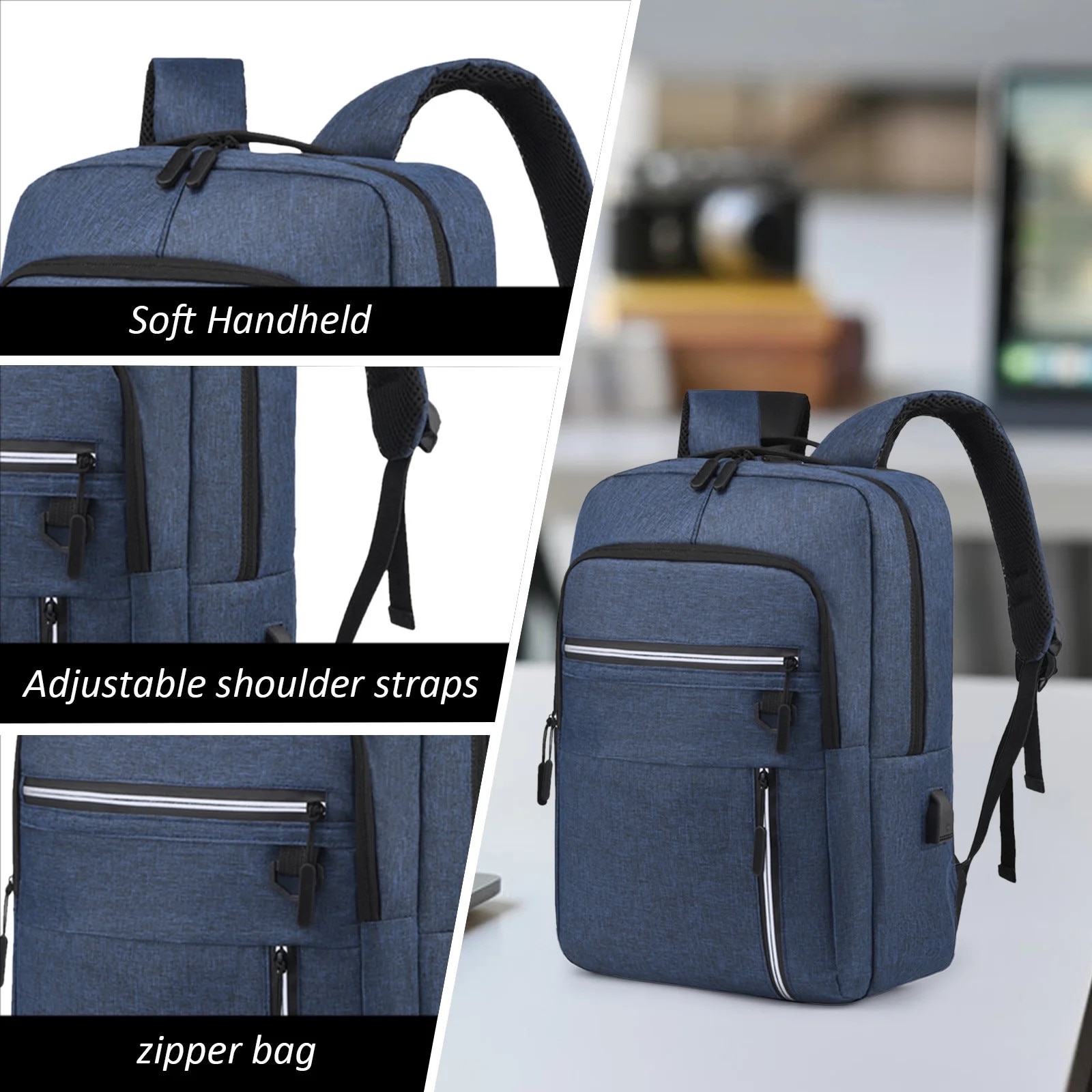 Rucsac business cu port USB, albastru, 40x28x14cm