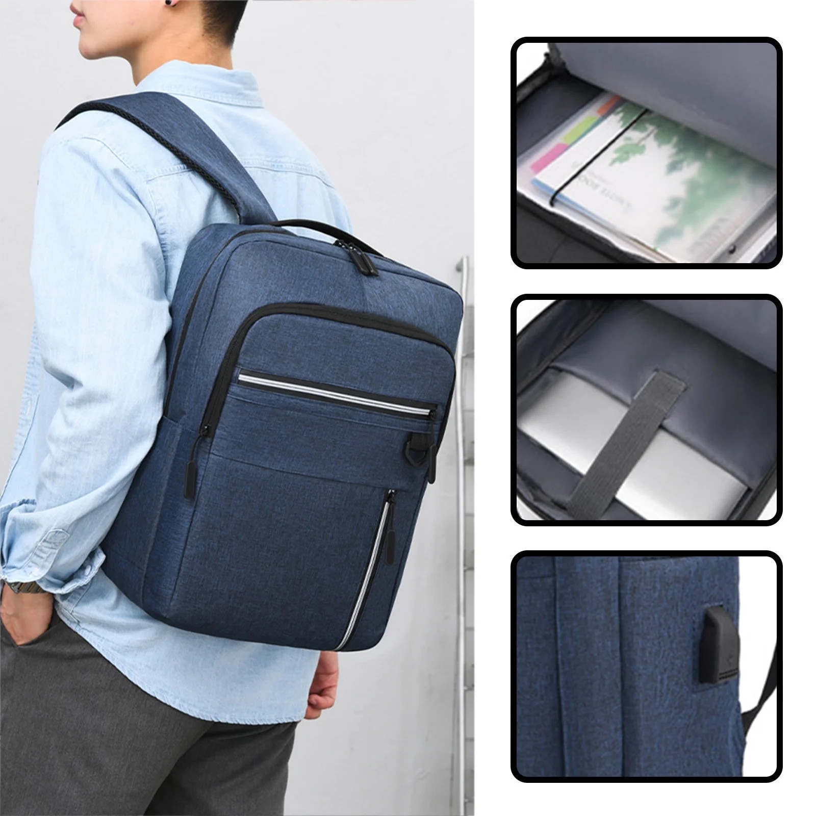 Rucsac business cu port USB, albastru, 40x28x14cm