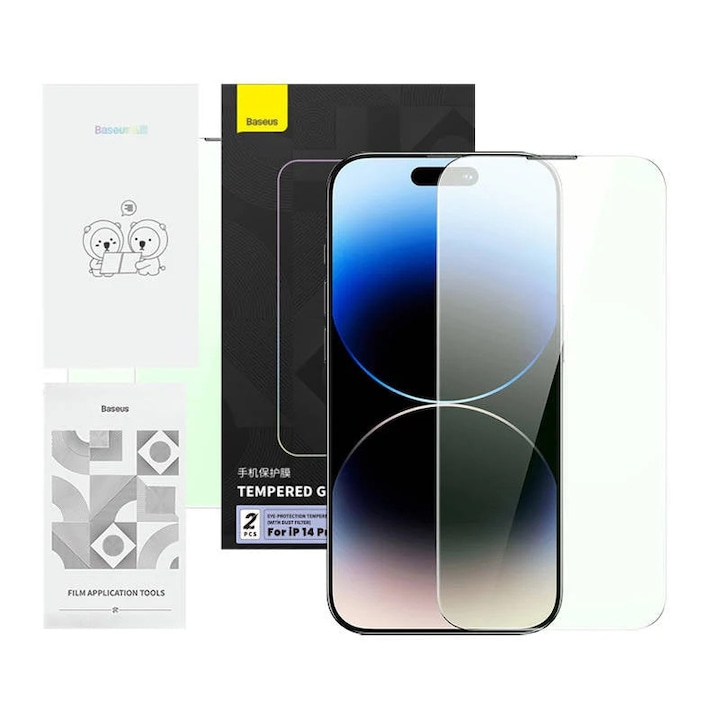 Folie sticla securizata Baseus Crystal Blue Light Protector compatibila cu iPhone 14 Pro, Transparent