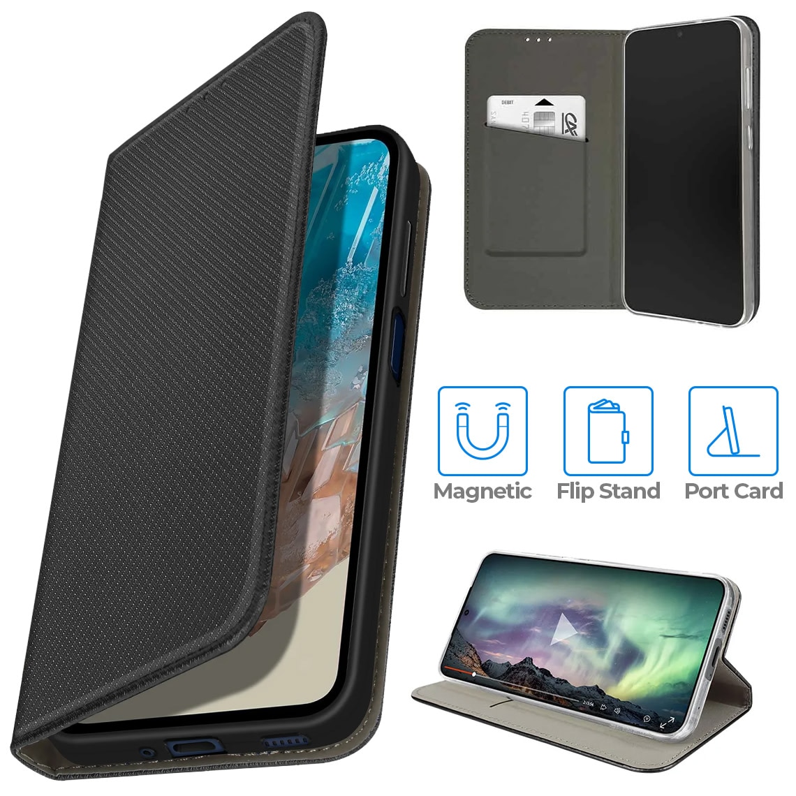Husa Flip pentru Xiaomi Redmi Note 14 Pro 5G, tip carte cu inchidere magnetica, buzunar carduri, functie Stand, FlipSmart, Neagra
