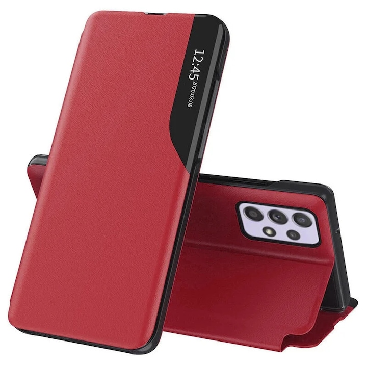 Husă tip carte pentru Samsung Galaxy A52/A52 5G/A52s 5G, set cu sticker, eFold, roșu, piele ecologică
