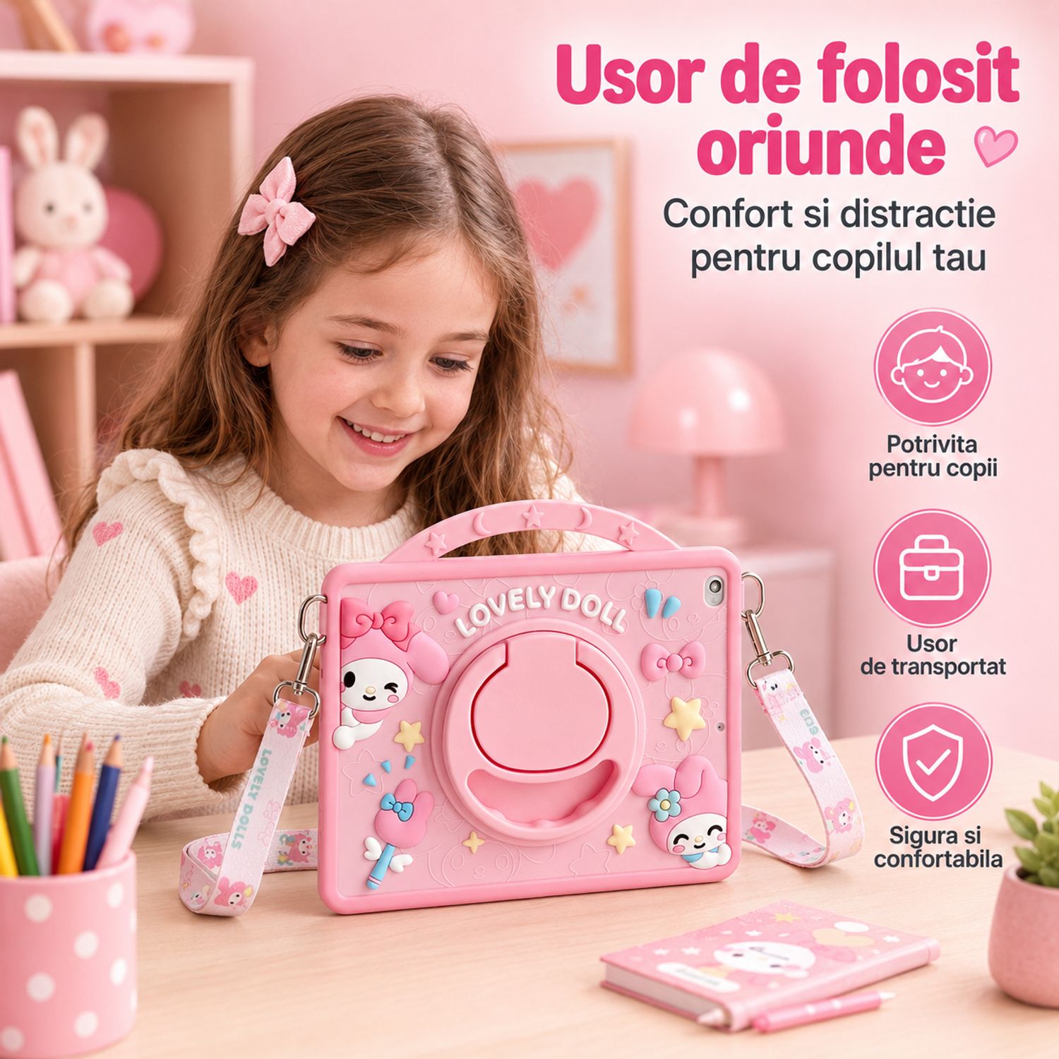 Husa pentru Samsung Galaxy Tab A11, Exclusiv pentru 8.7 inch, Silicon Moale pentru Copii, Suport Rotativ 360° cu Functie Stand, Slot pentru Creion, Model My Melody, Roz