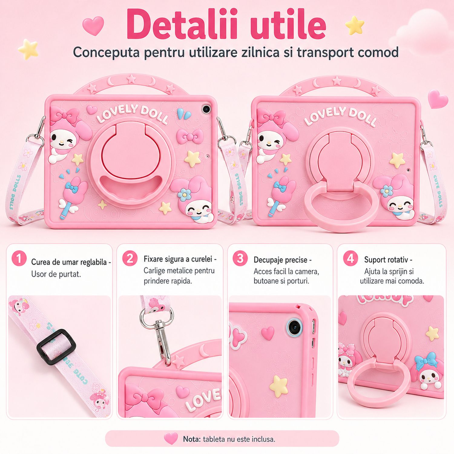 Husa pentru Samsung Galaxy Tab A11, Exclusiv pentru 8.7 inch, Silicon Moale pentru Copii, Suport Rotativ 360° cu Functie Stand, Slot pentru Creion, Model My Melody, Roz
