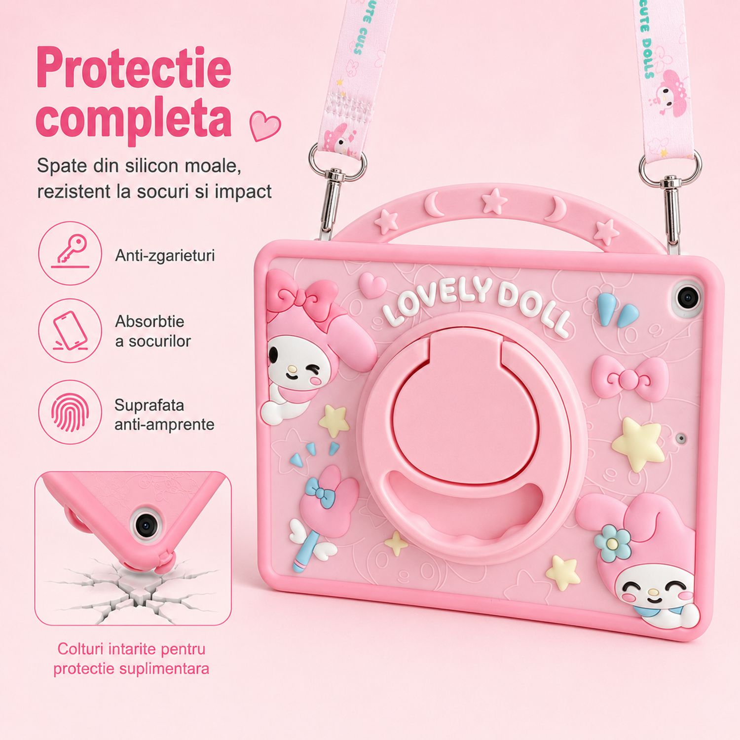 Husa pentru Samsung Galaxy Tab A11, Exclusiv pentru 8.7 inch, Silicon Moale pentru Copii, Suport Rotativ 360° cu Functie Stand, Slot pentru Creion, Model My Melody, Roz
