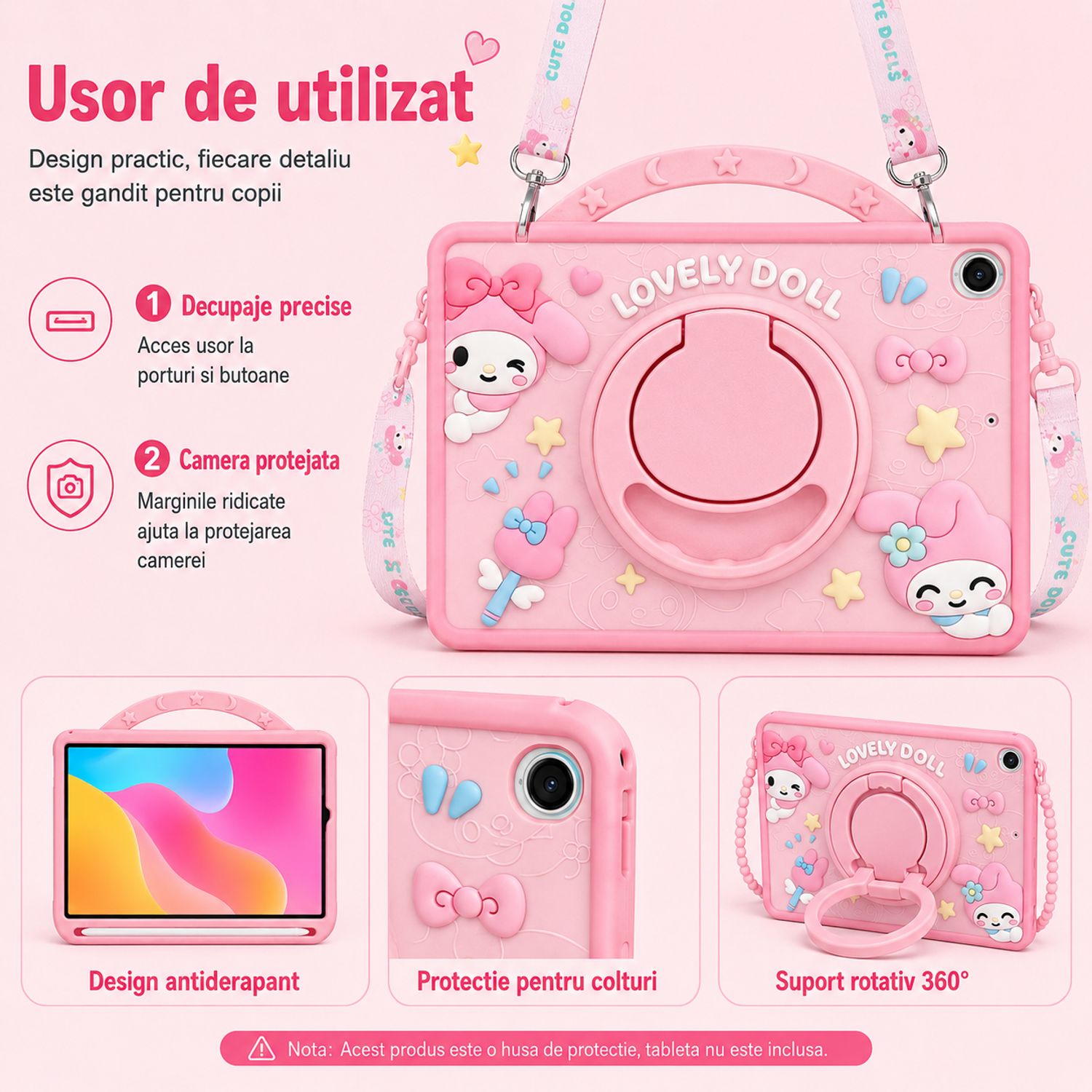Husa pentru Samsung Galaxy Tab A11, Exclusiv pentru 8.7 inch, Silicon Moale pentru Copii, Suport Rotativ 360° cu Functie Stand, Slot pentru Creion, Model My Melody, Roz