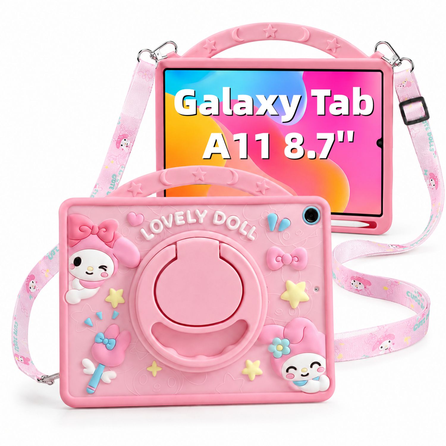 Husa pentru Samsung Galaxy Tab A11, Exclusiv pentru 8.7 inch, Silicon Moale pentru Copii, Suport Rotativ 360° cu Functie Stand, Slot pentru Creion, Model My Melody, Roz