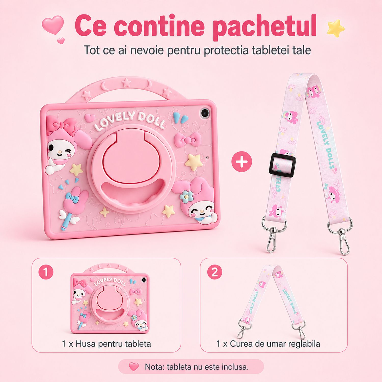 Husa pentru Samsung Galaxy Tab A11, Exclusiv pentru 8.7 inch, Silicon Moale pentru Copii, Suport Rotativ 360° cu Functie Stand, Slot pentru Creion, Model My Melody, Roz