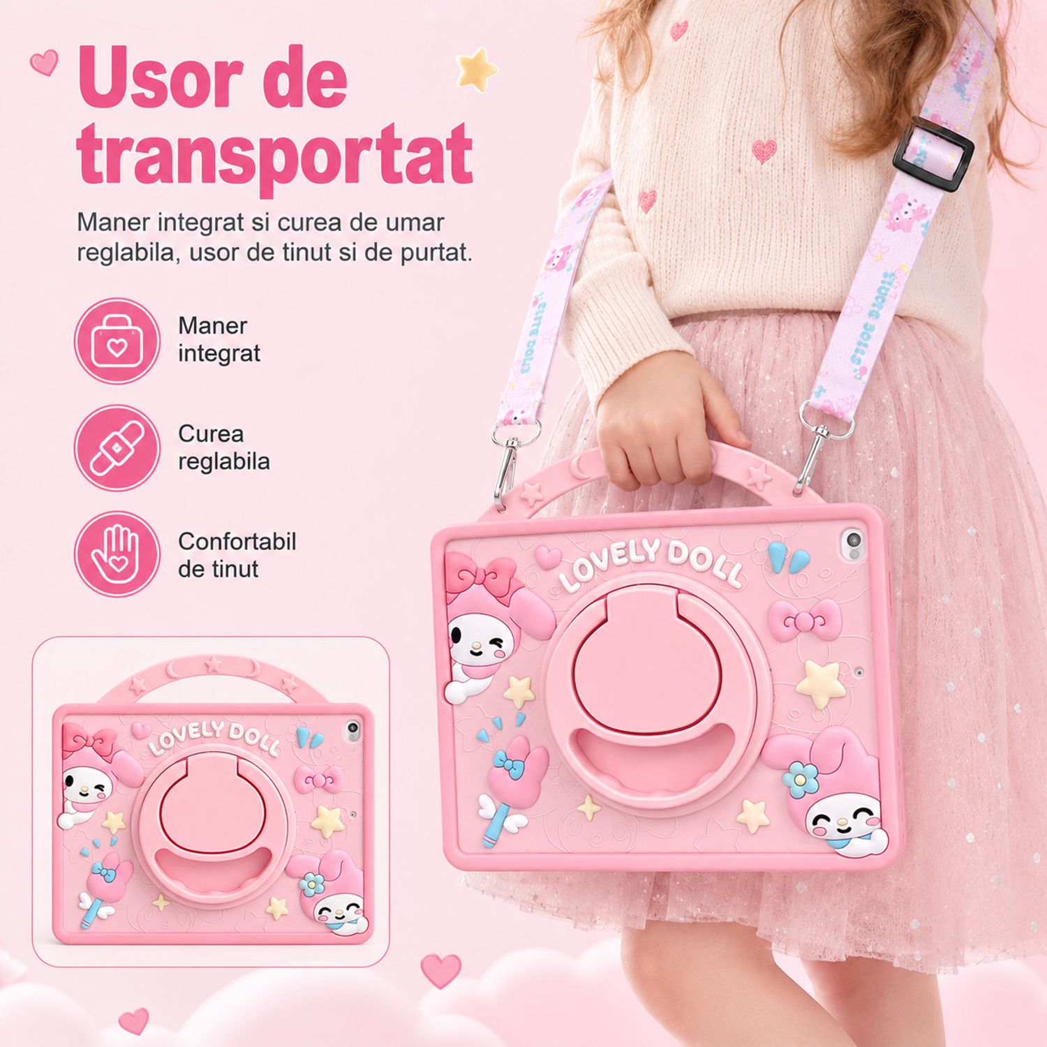 Husa pentru Samsung Galaxy Tab A11, Exclusiv pentru 8.7 inch, Silicon Moale pentru Copii, Suport Rotativ 360° cu Functie Stand, Slot pentru Creion, Model My Melody, Roz
