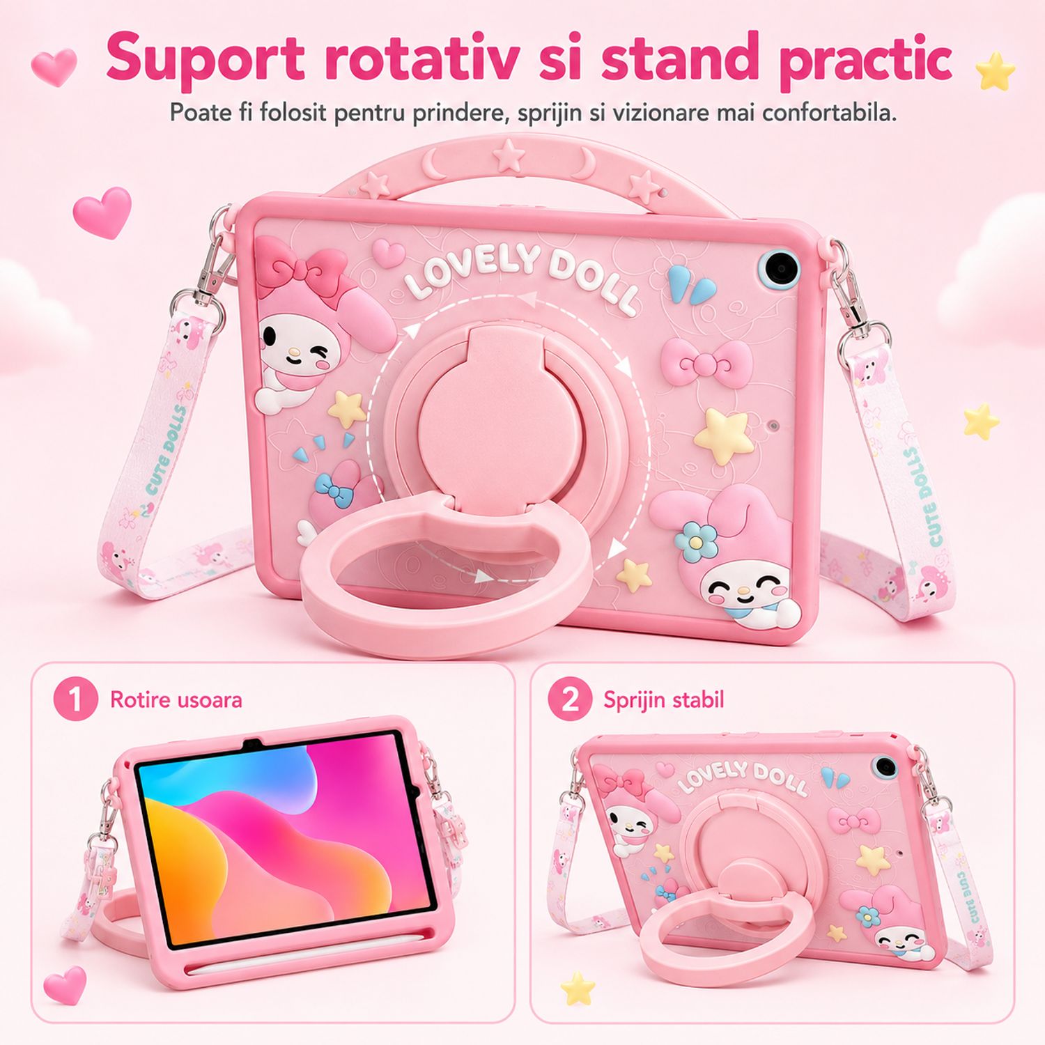 Husa pentru Samsung Galaxy Tab A11, Exclusiv pentru 8.7 inch, Silicon Moale pentru Copii, Suport Rotativ 360° cu Functie Stand, Slot pentru Creion, Model My Melody, Roz