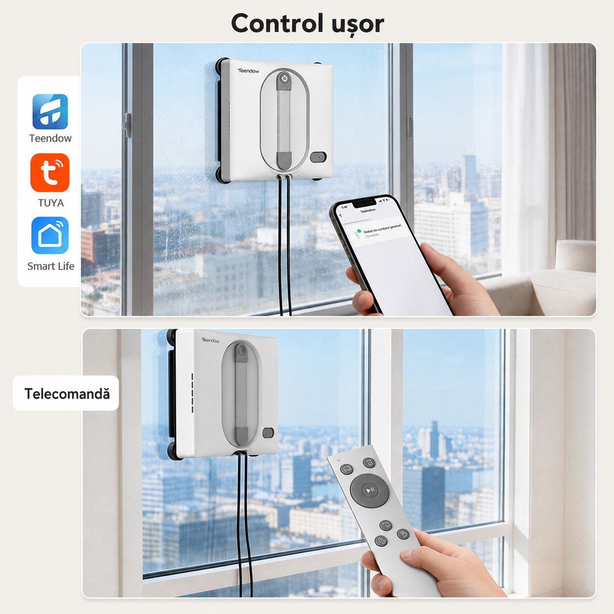 Robot de curatat geamuri Teendow HW225A, aspirare 5500 Pa, pulverizare automata in 4 puncte, rezervor 100 ml, 5 moduri, navigatie inteligenta, control prin aplicatie si telecomanda, protectie anti-cadere, alb