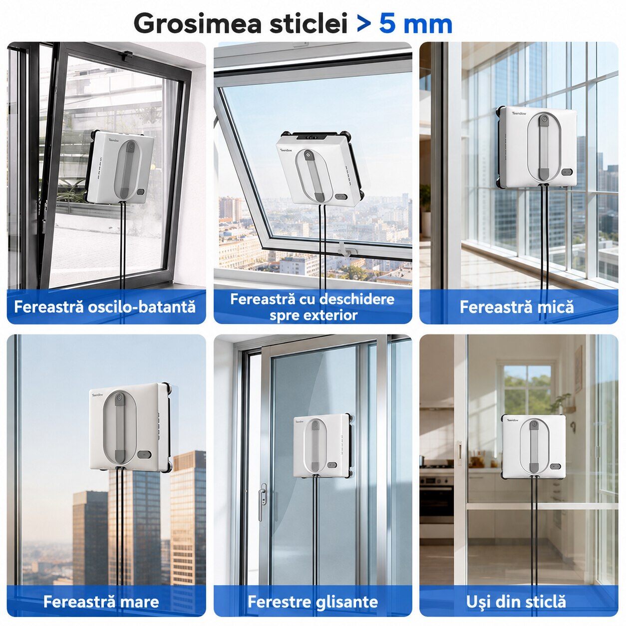 Robot de curatat geamuri Teendow HW225A, aspirare 5500 Pa, pulverizare automata in 4 puncte, rezervor 100 ml, 5 moduri, navigatie inteligenta, control prin aplicatie si telecomanda, protectie anti-cadere, alb