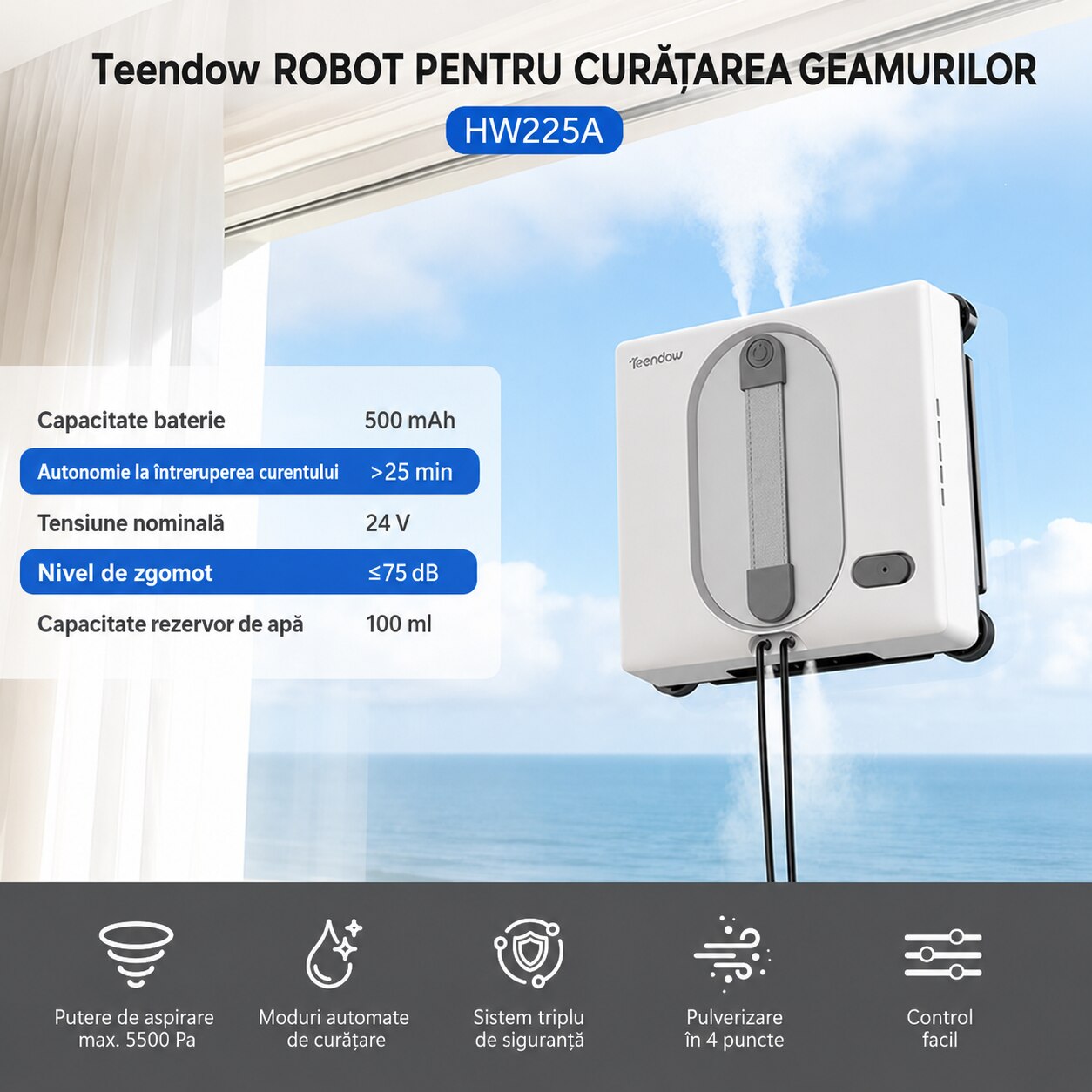 Robot de curatat geamuri Teendow HW225A, aspirare 5500 Pa, pulverizare automata in 4 puncte, rezervor 100 ml, 5 moduri, navigatie inteligenta, control prin aplicatie si telecomanda, protectie anti-cadere, alb