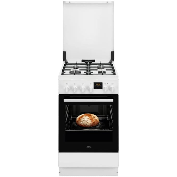 Aragaz AEG CKB56490AW, Mixt, 4 arzatoare gaz, Gratare fonta; Aprindere integrata; SteamBake-gatire cu abur; Cuptor electric 11 functii; Timer electronic; Iluminare cuptor; Grill electric; 50x60 cm, Siguranta plita; Clasa A; Capac metalic; Alb