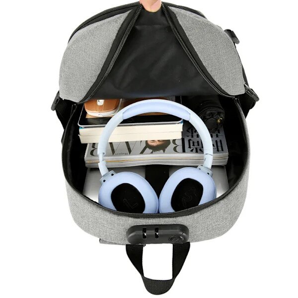 Rucsac/ghiozdan anti-furt din material oxford, capacitate mare, compartiment pentru laptop 15.6 inch, rezistent la taiere, curea pentru troler, Model 2, gri, 42x30x13 cm