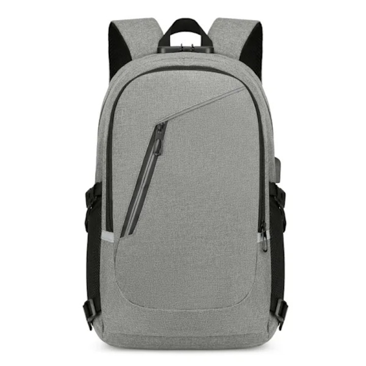 Rucsac/ghiozdan anti-furt din material oxford, capacitate mare, compartiment pentru laptop 15.6 inch, rezistent la taiere, curea pentru troler, Model 2, gri, 42x30x13 cm