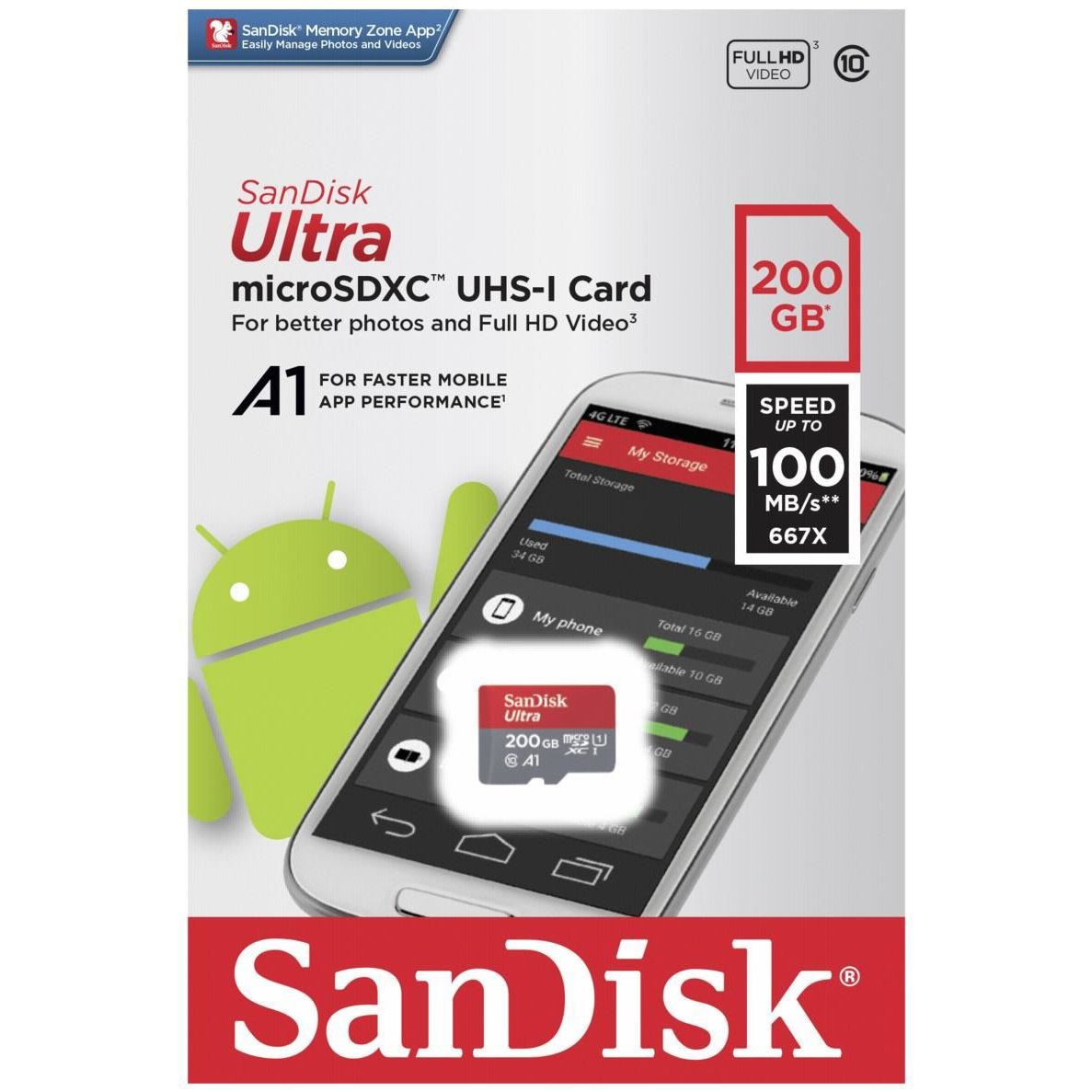 Card de memorie Sandisk microSDXC Ultra, DSQUAR-200G-GN6MA, 200GB, Clasa 10, 100MB/s, cu adaptor