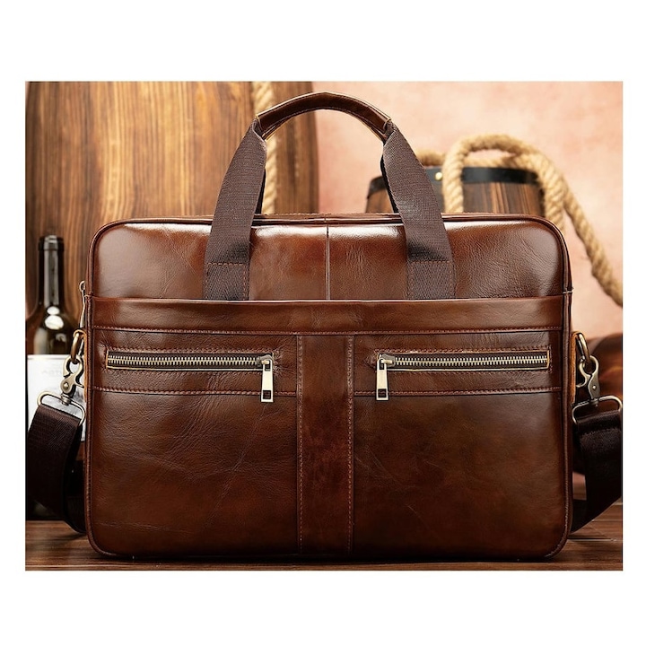 Servieta messenger din piele naturala, pentru laptop 14 inch, compartiment pentru laptop si buzunare cu fermoar, stil retro, model emag01-WT5607, maro