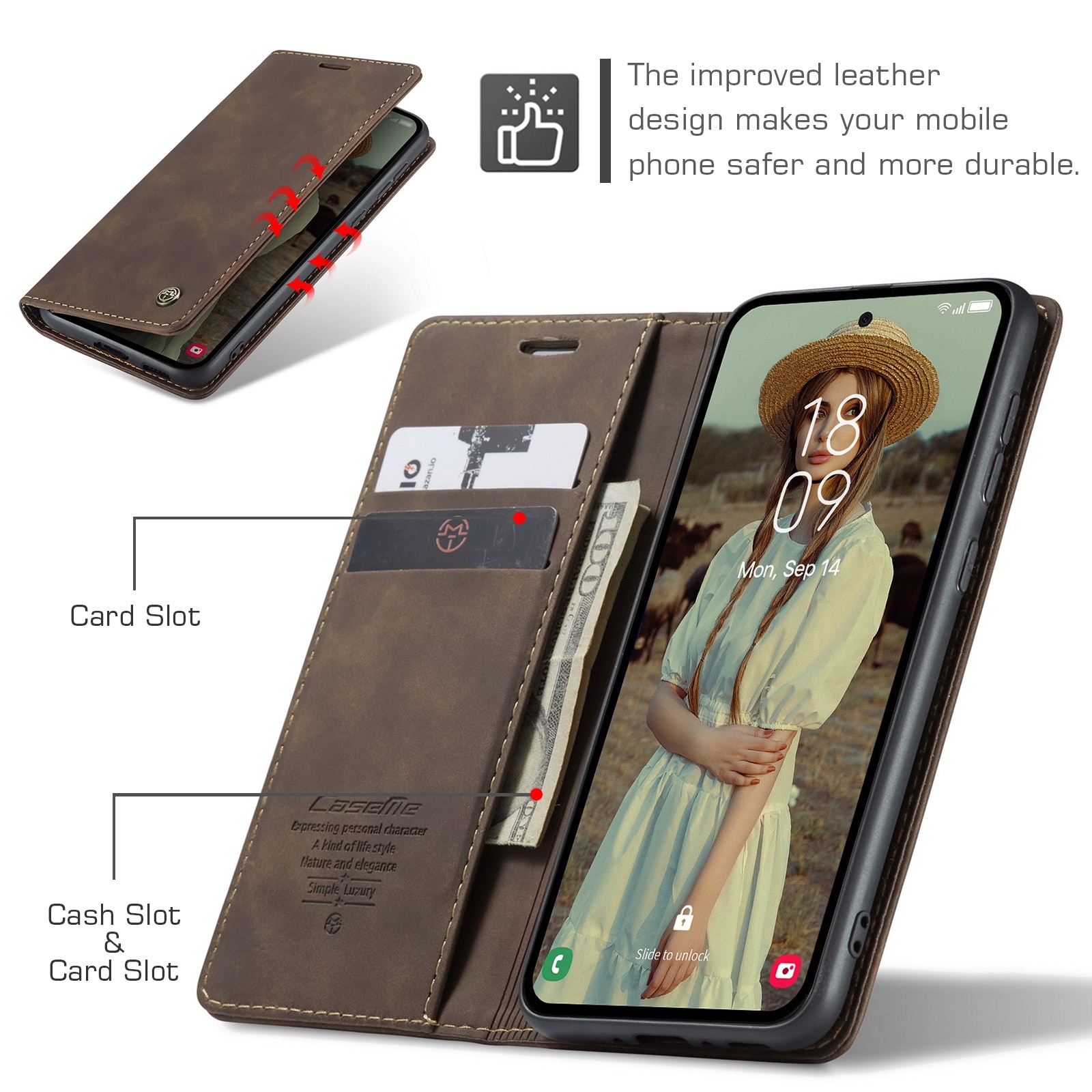 Husa pentru Samsung Galaxy A55, CaseMe, slim piele, tip portofel, stand, inchidere magnetica, textura catifelata, Maro coffee