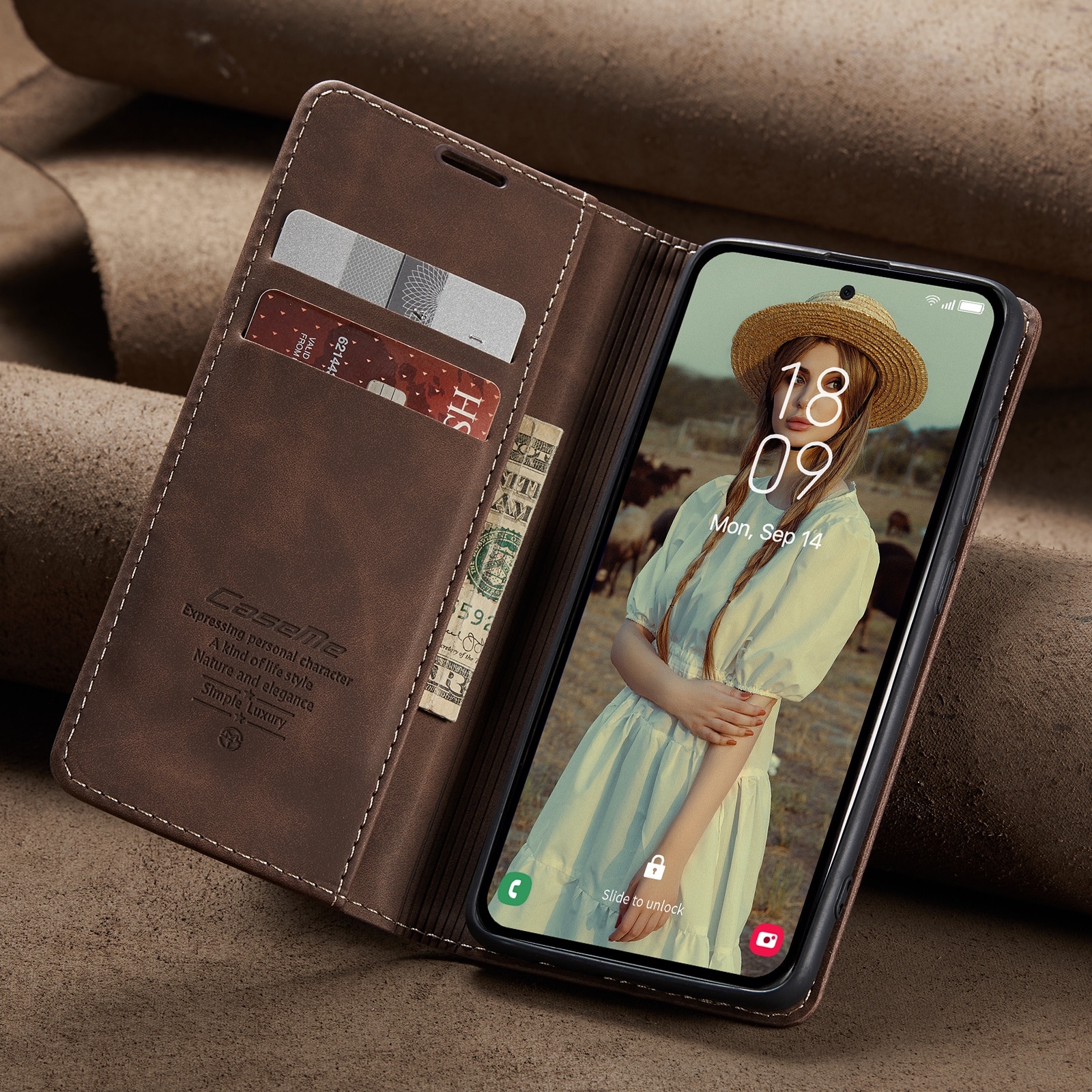 Husa pentru Samsung Galaxy A55, CaseMe, slim piele, tip portofel, stand, inchidere magnetica, textura catifelata, Maro coffee