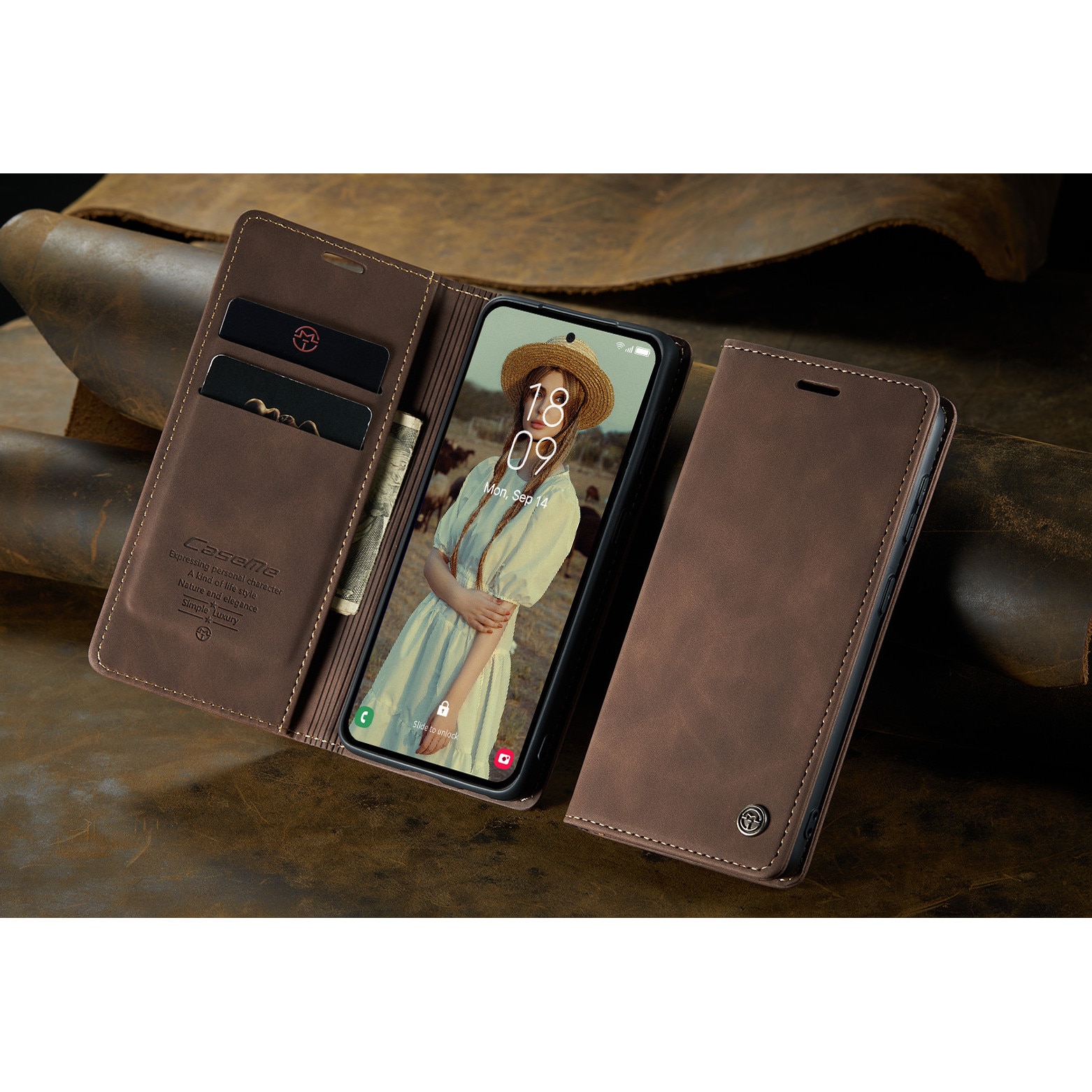 Husa pentru Samsung Galaxy A55, CaseMe, slim piele, tip portofel, stand, inchidere magnetica, textura catifelata, Maro coffee