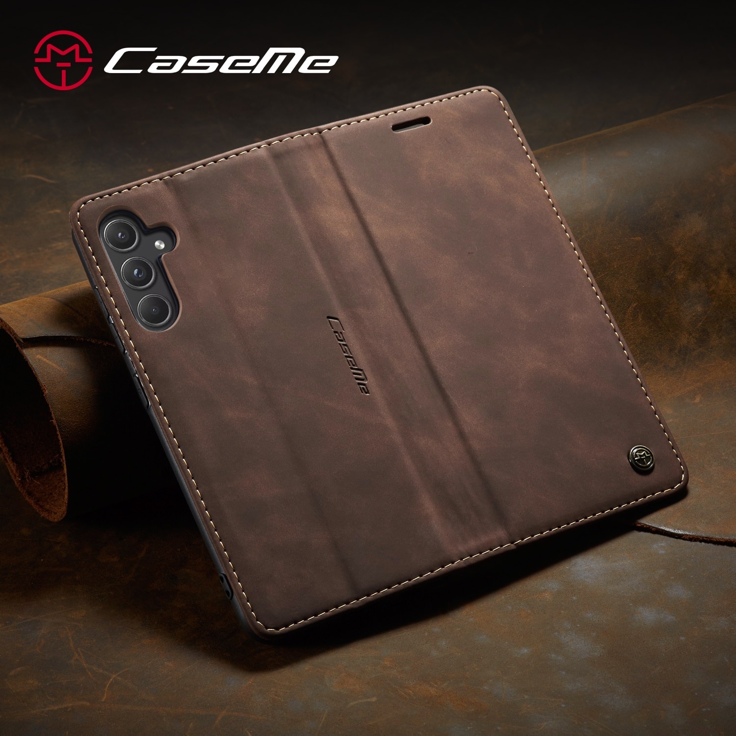 Husa pentru Samsung Galaxy A55, CaseMe, slim piele, tip portofel, stand, inchidere magnetica, textura catifelata, Maro coffee