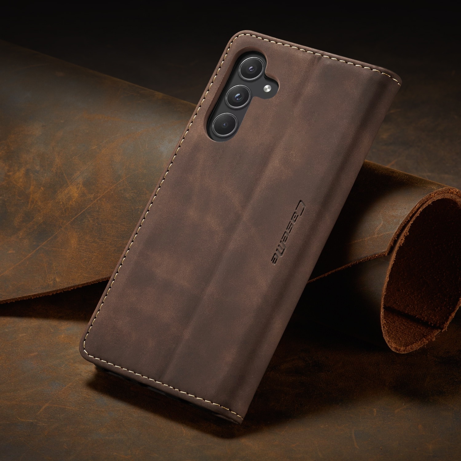 Husa pentru Samsung Galaxy A55, CaseMe, slim piele, tip portofel, stand, inchidere magnetica, textura catifelata, Maro coffee
