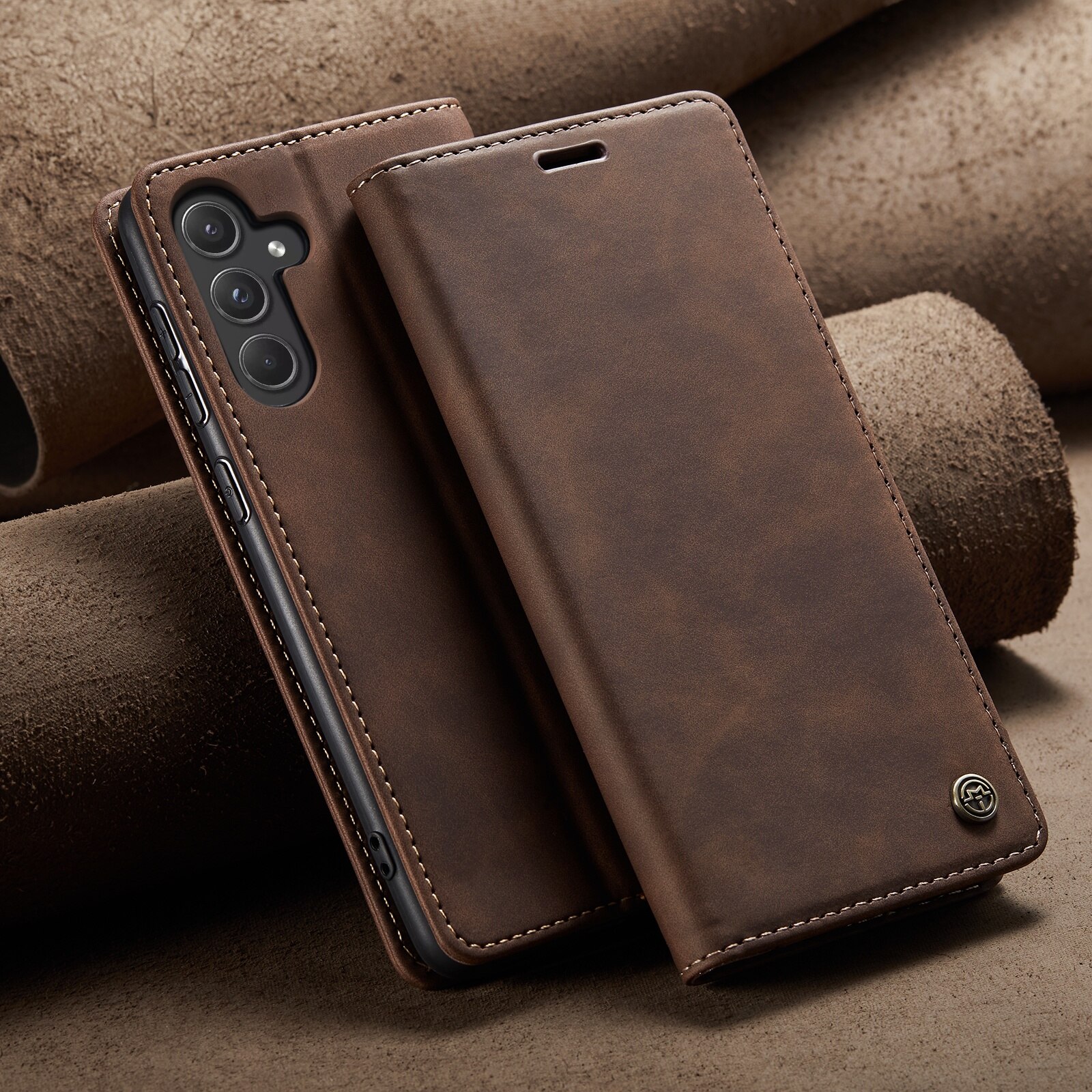Husa pentru Samsung Galaxy A55, CaseMe, slim piele, tip portofel, stand, inchidere magnetica, textura catifelata, Maro coffee