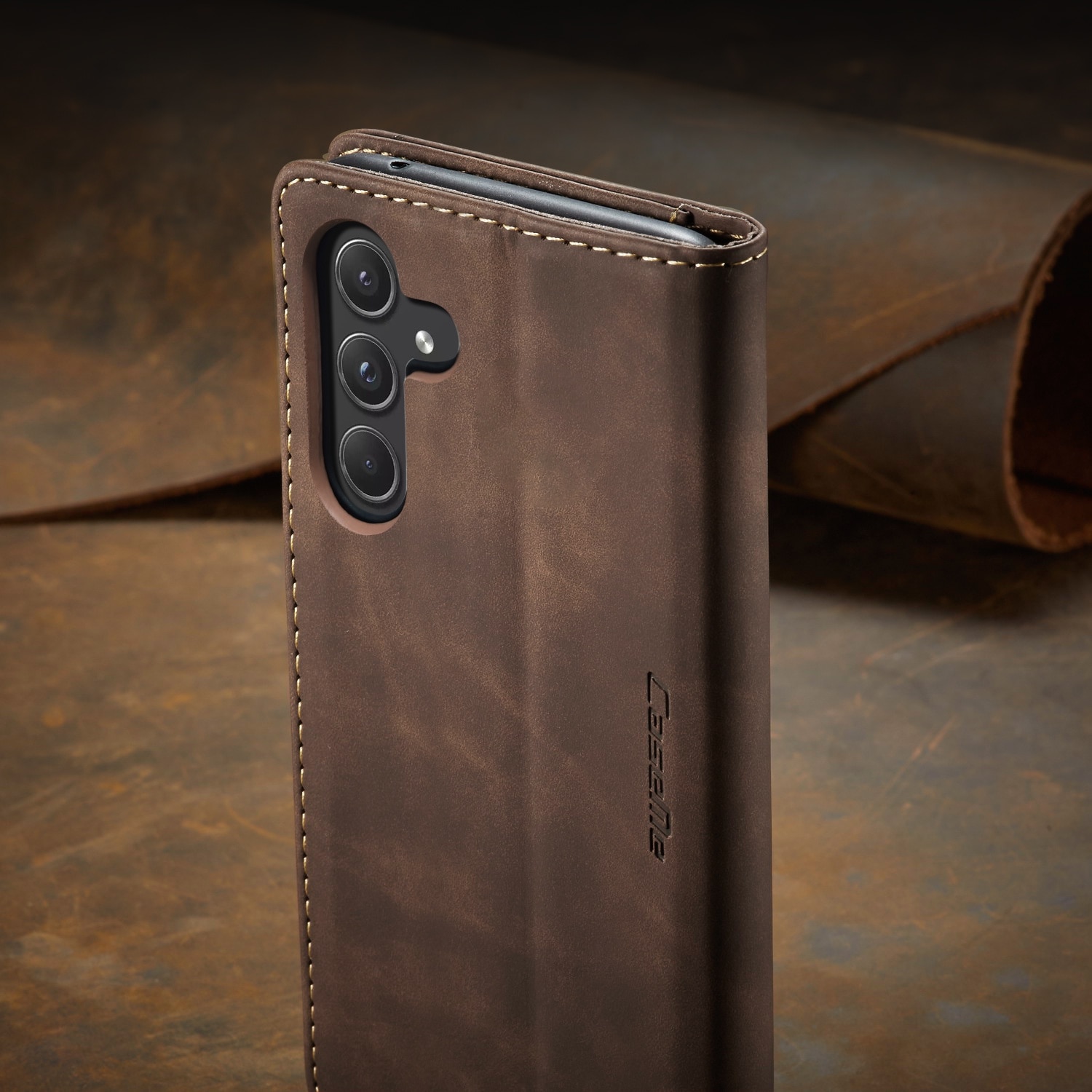 Husa pentru Samsung Galaxy A55, CaseMe, slim piele, tip portofel, stand, inchidere magnetica, textura catifelata, Maro coffee