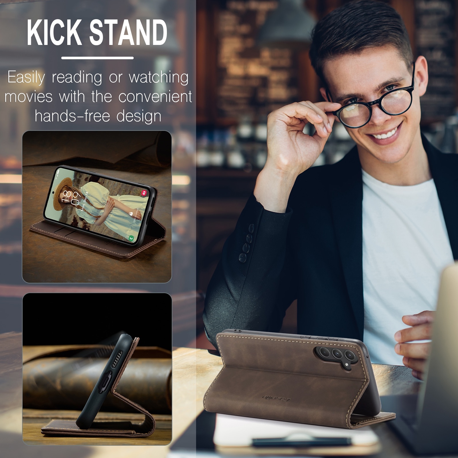 Husa pentru Samsung Galaxy A55, CaseMe, slim piele, tip portofel, stand, inchidere magnetica, textura catifelata, Maro coffee