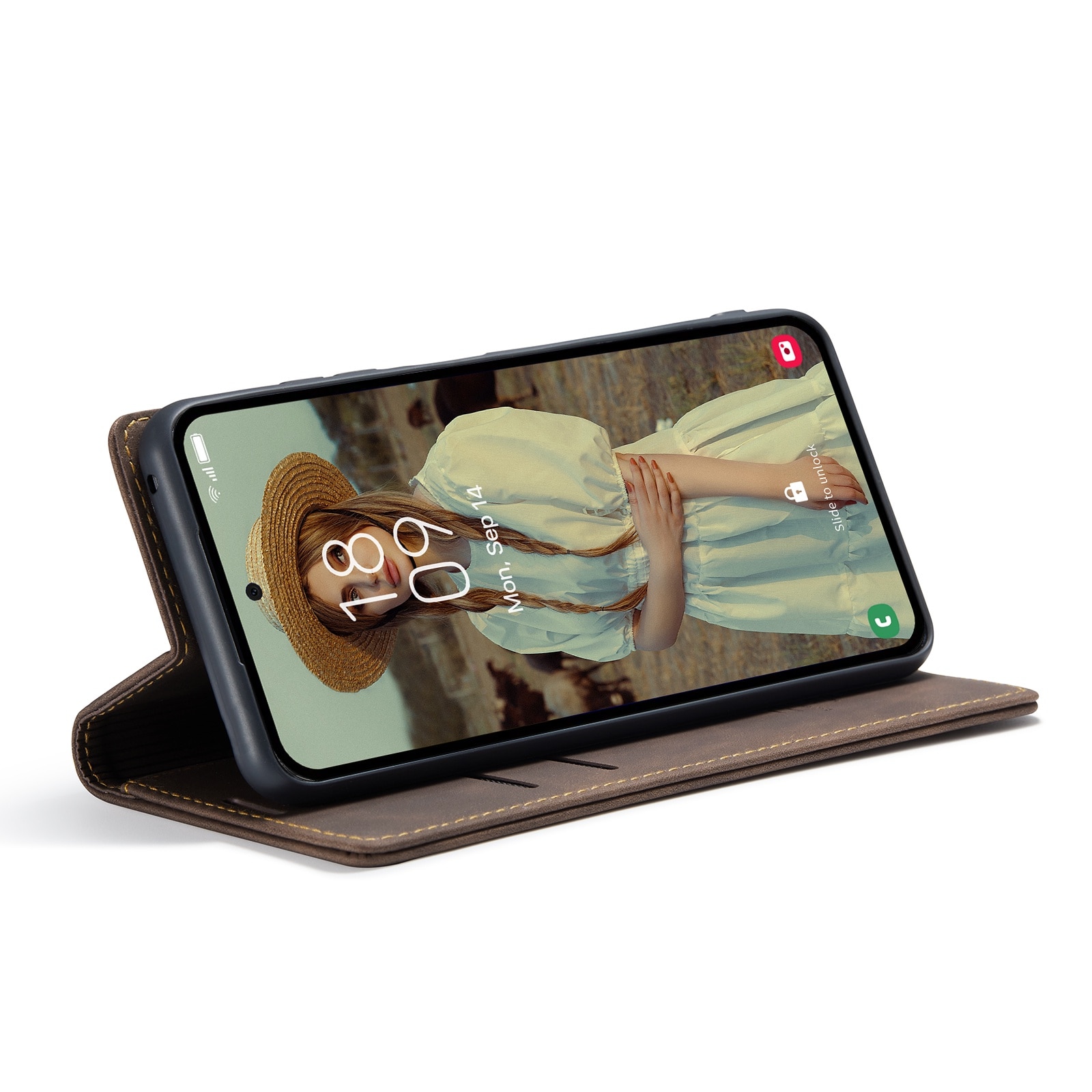 Husa pentru Samsung Galaxy A55, CaseMe, slim piele, tip portofel, stand, inchidere magnetica, textura catifelata, Maro coffee