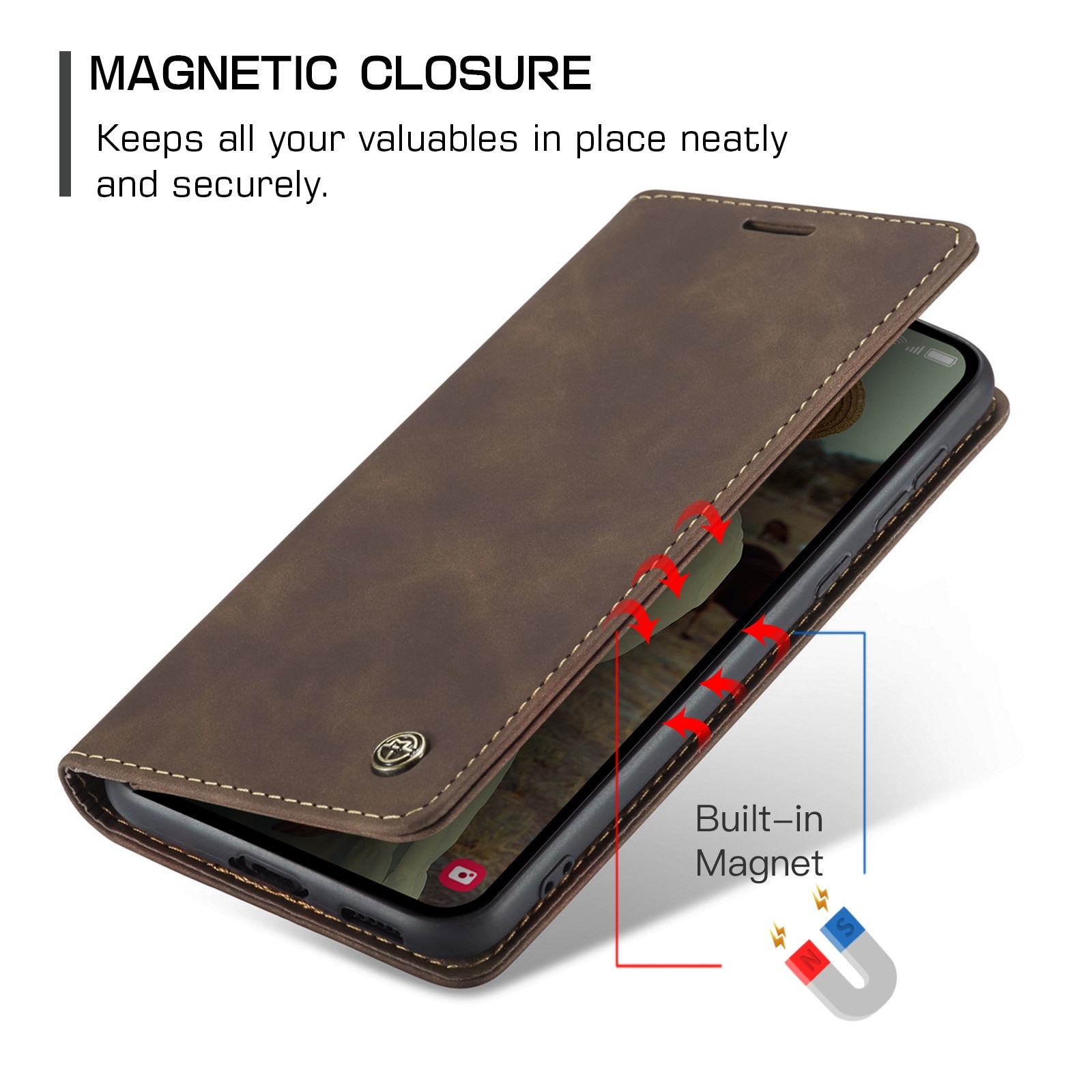 Husa pentru Samsung Galaxy A55, CaseMe, slim piele, tip portofel, stand, inchidere magnetica, textura catifelata, Maro coffee
