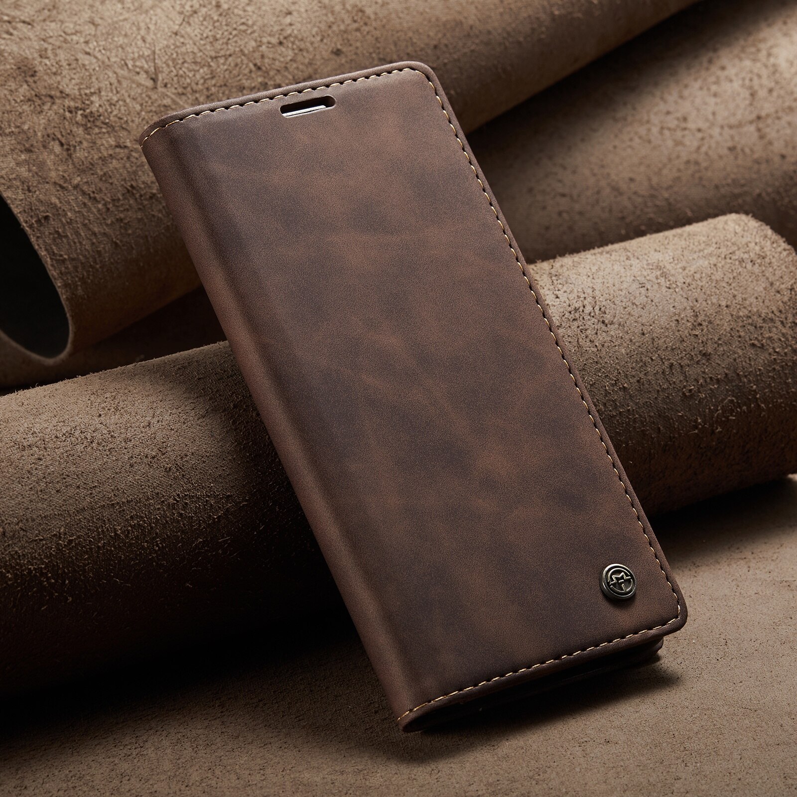 Husa pentru Samsung Galaxy A55, CaseMe, slim piele, tip portofel, stand, inchidere magnetica, textura catifelata, Maro coffee