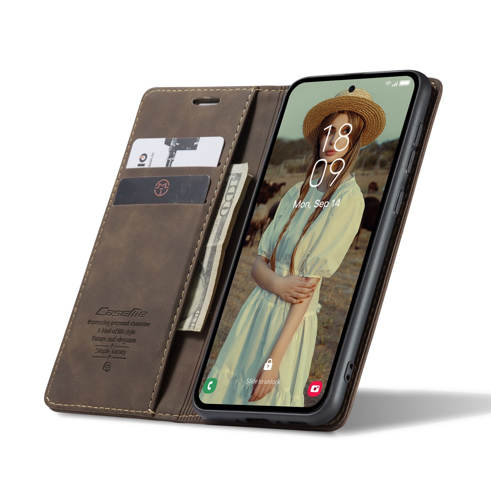 Husa pentru Samsung Galaxy A55, CaseMe, slim piele, tip portofel, stand, inchidere magnetica, textura catifelata, Maro coffee