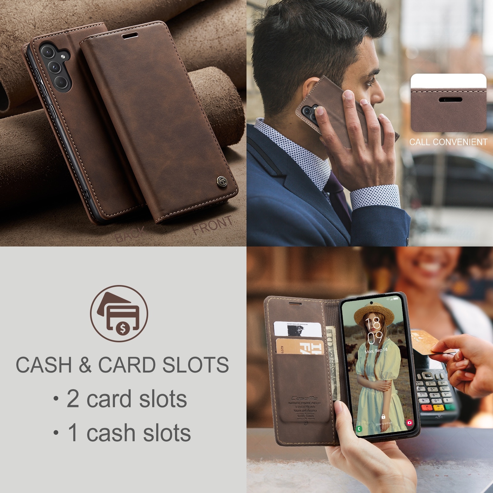 Husa pentru Samsung Galaxy A55, CaseMe, slim piele, tip portofel, stand, inchidere magnetica, textura catifelata, Maro coffee