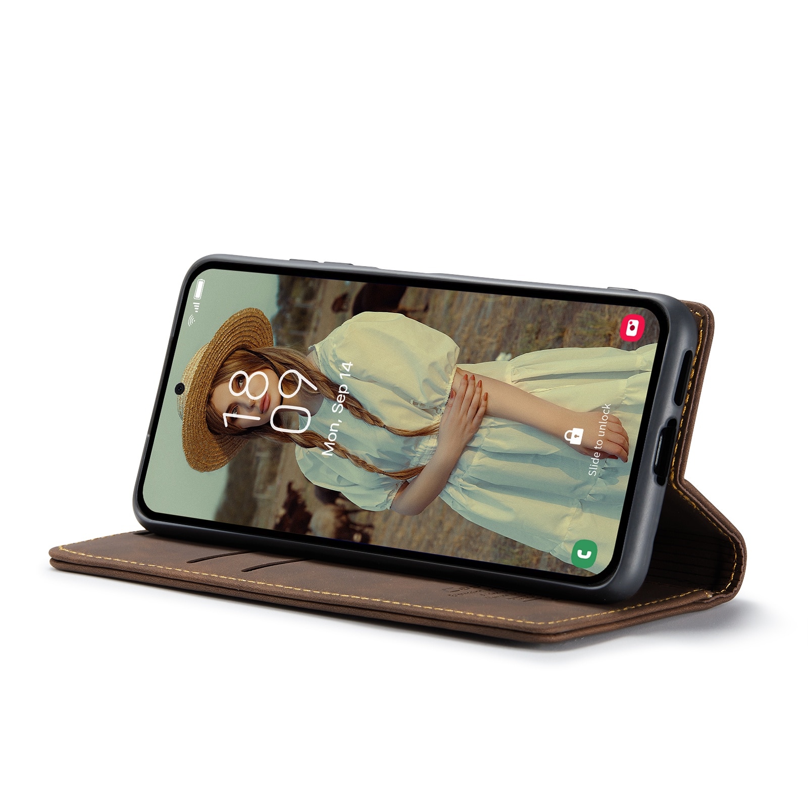 Husa pentru Samsung Galaxy A55, CaseMe, slim piele, tip portofel, stand, inchidere magnetica, textura catifelata, Maro coffee