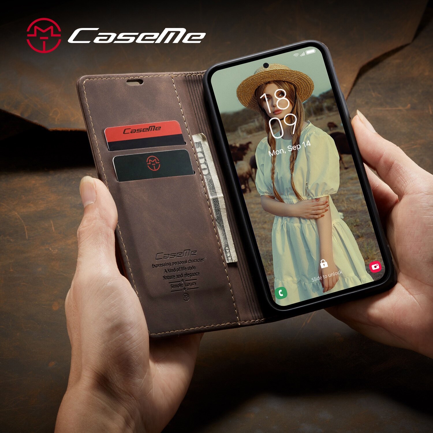 Husa pentru Samsung Galaxy A55, CaseMe, slim piele, tip portofel, stand, inchidere magnetica, textura catifelata, Maro coffee