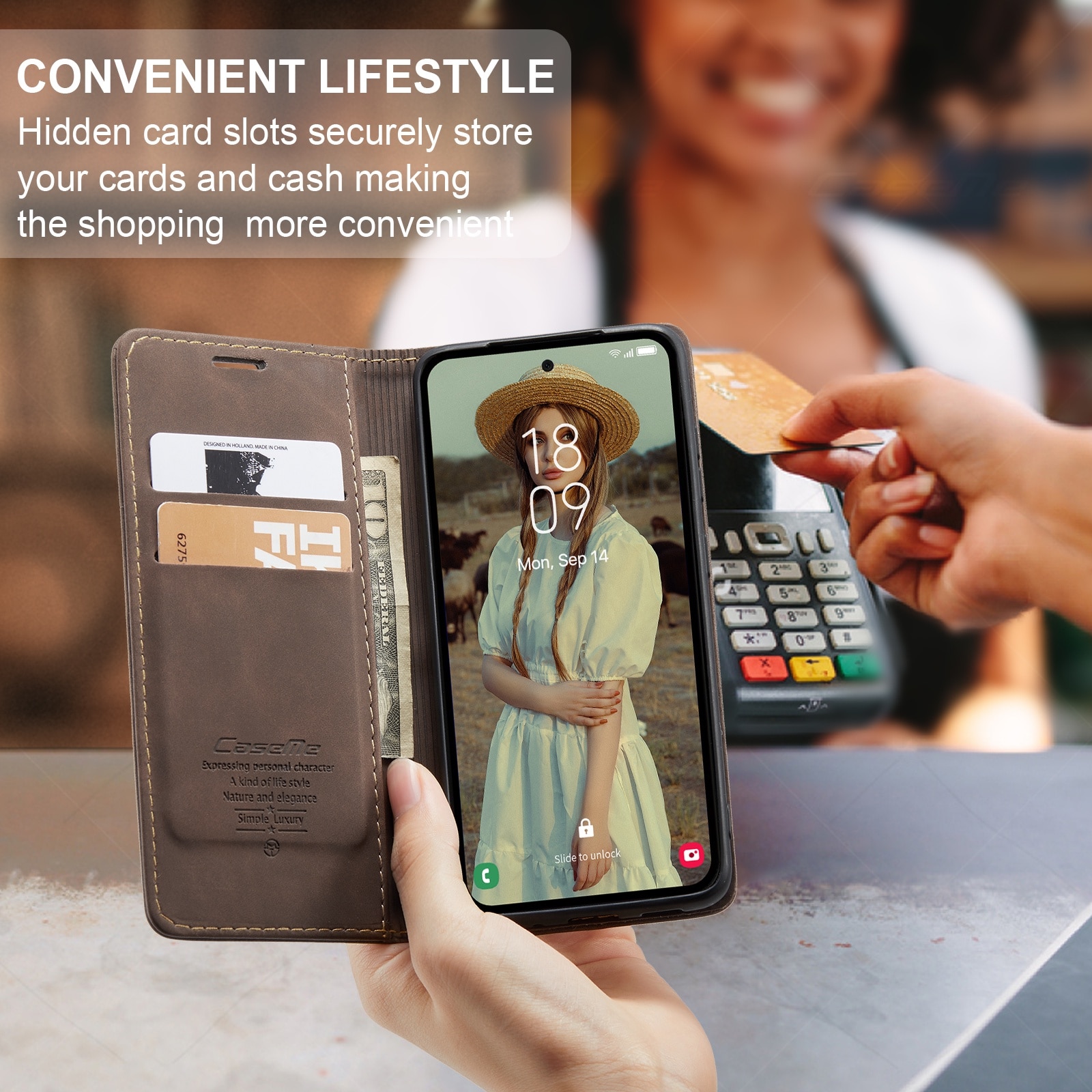 Husa pentru Samsung Galaxy A55, CaseMe, slim piele, tip portofel, stand, inchidere magnetica, textura catifelata, Maro coffee