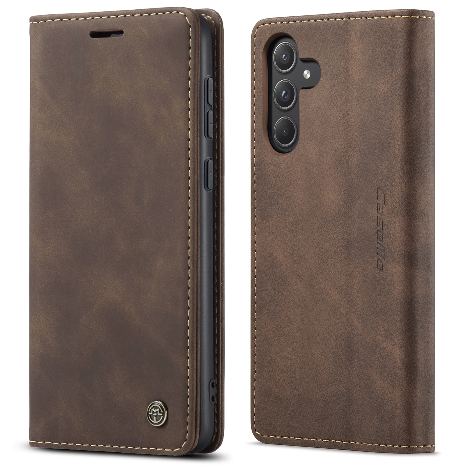 Husa pentru Samsung Galaxy A55, CaseMe, slim piele, tip portofel, stand, inchidere magnetica, textura catifelata, Maro coffee
